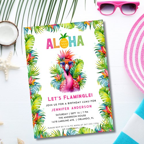 Aloha Lets Flamingle Tropical Flamingo Birthday Invitation