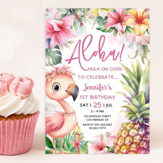 Aloha! Luau 1st Birthday Pink Tropical Hawaiian Invitation (Creator Uploaded)
