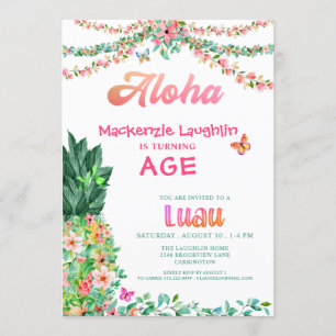 ALOHA Luau Any Birthday Tropical Floral Pineapple Invitation