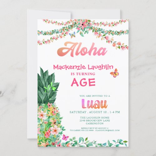 ALOHA Luau Any Birthday Tropical Floral Pineapple Invitation