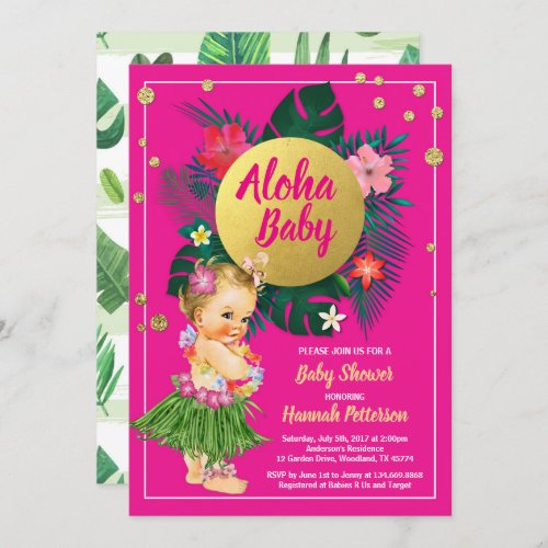 Aloha luau baby girl shower invitation hot pink