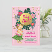 Aloha luau baby girl shower invitation pink gold (Standing Front)
