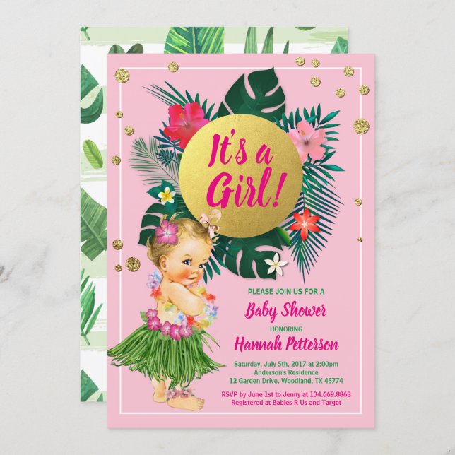 Aloha luau baby girl shower invitation pink gold (Front/Back)