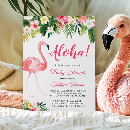 Aloha Luau Baby Shower Tropical Floral Flamingo Invitation