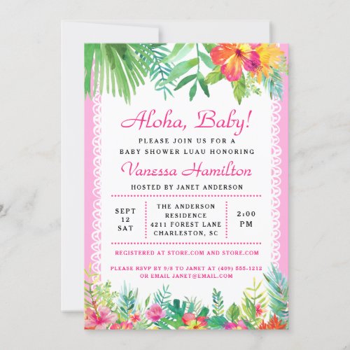 Aloha Luau Baby Shower Tropical Invitation Pink