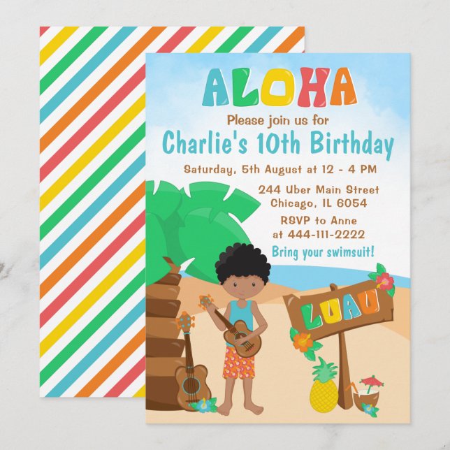 Aloha Luau Beach Birthday African American Boy Inv Invitation (Front/Back)