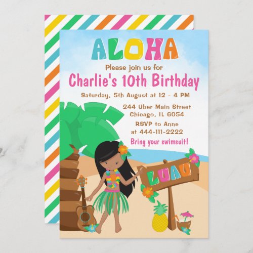 Aloha Luau Beach Birthday African American Girl In Invitation