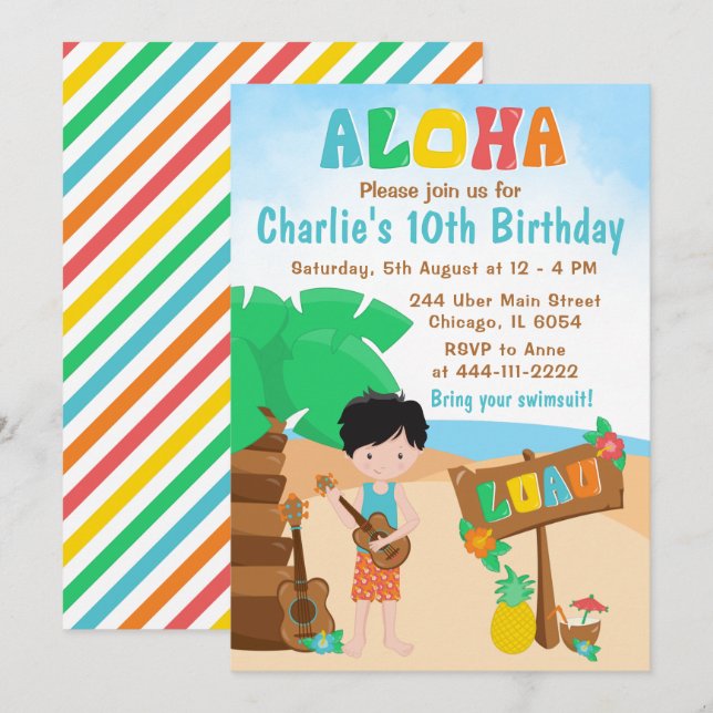 Aloha Luau Beach Birthday Black Hair Boy Invitatio Invitation (Front/Back)