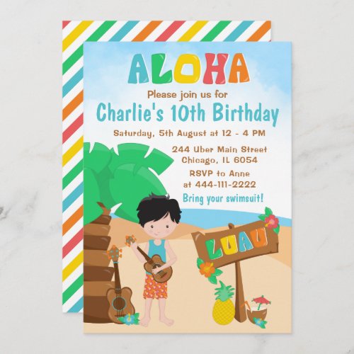 Aloha Luau Beach Birthday Black Hair Boy Invitatio Invitation