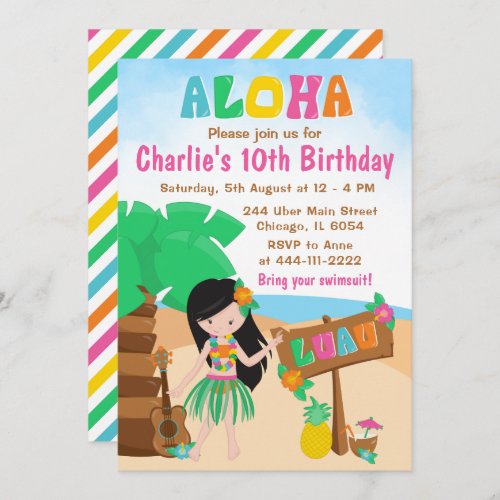 Aloha Luau Beach Birthday Black Hair Girl Invitati Invitation