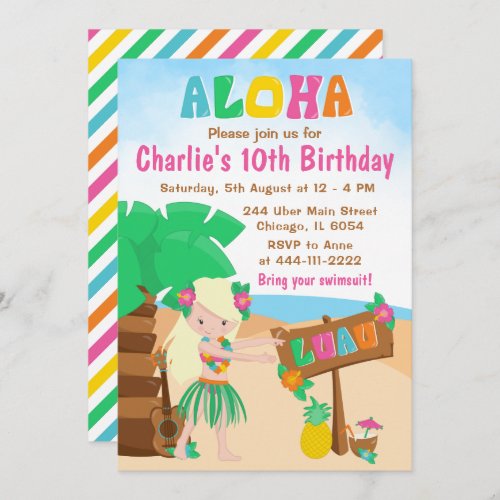 Aloha Luau Beach Birthday Blonde Hair Girl Invitat Invitation