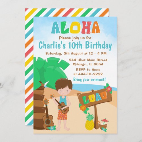 Aloha Luau Beach Birthday Brown Hair Boy Invitatio Invitation