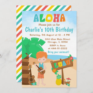 Aloha Luau Beach Birthday Red Hair Boy Invitation