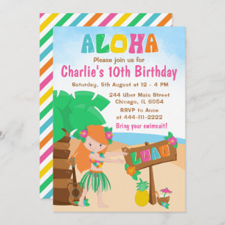 Aloha Luau Beach Birthday Red Hair Girl Invitation