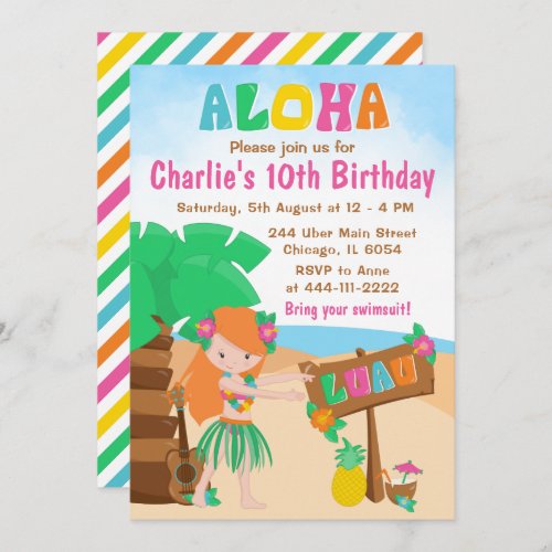 Aloha Luau Beach Birthday Red Hair Girl Invitation