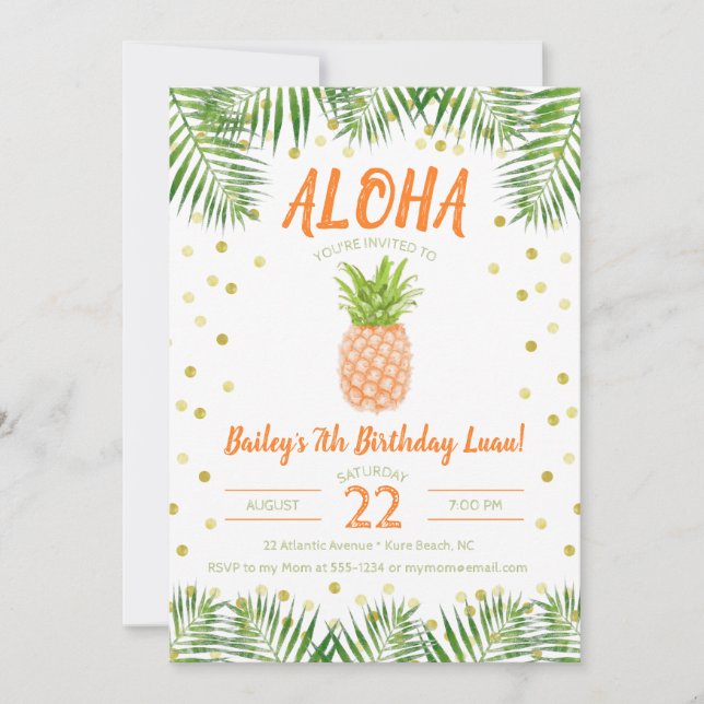 Aloha Luau Birthday Invitation Tropical Pineapple (Front)