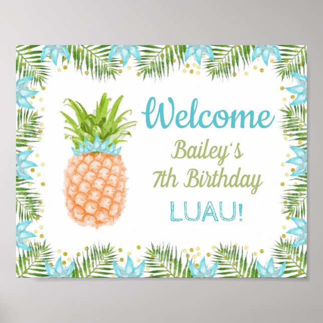 Aloha Luau Birthday Party Decor Blue Gold Welcome (Front)
