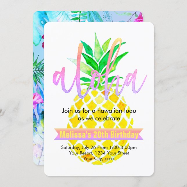 aloha luau birthday party watercolor pineapple invitation (Front/Back)