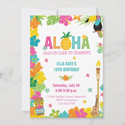 Aloha Luau Birthday Tropical Floral Party Invitation