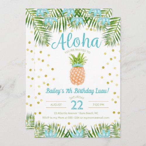 Aloha Luau Birthday Tropical Pineapple in Blue Invitation