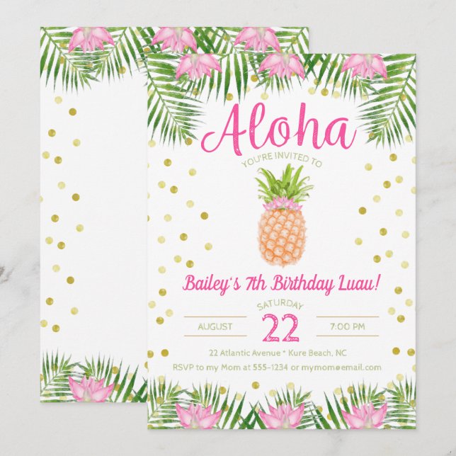 Aloha Luau Birthday Tropical Pineapple in Pink Invitation (Front/Back)