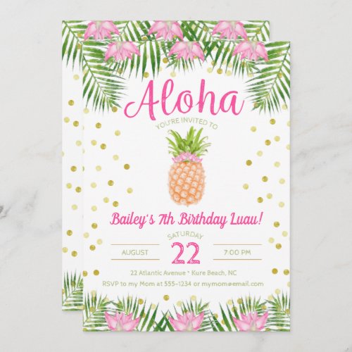 Aloha Luau Birthday Tropical Pineapple in Pink Invitation