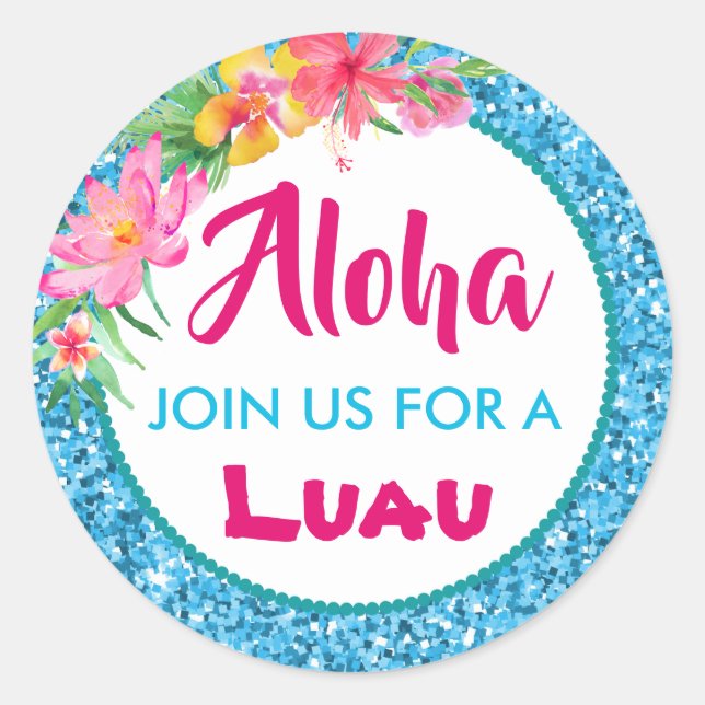 Aloha Luau Blue Glitter Tropical Hibiscus Classic Round Sticker (Front)