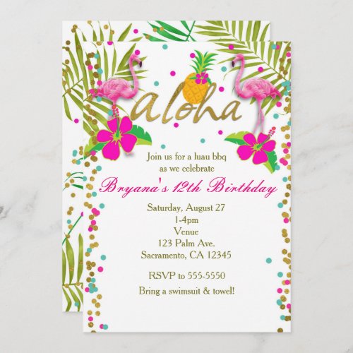 Aloha Luau Girls Tropical Flamingo Birthday Party Invitation