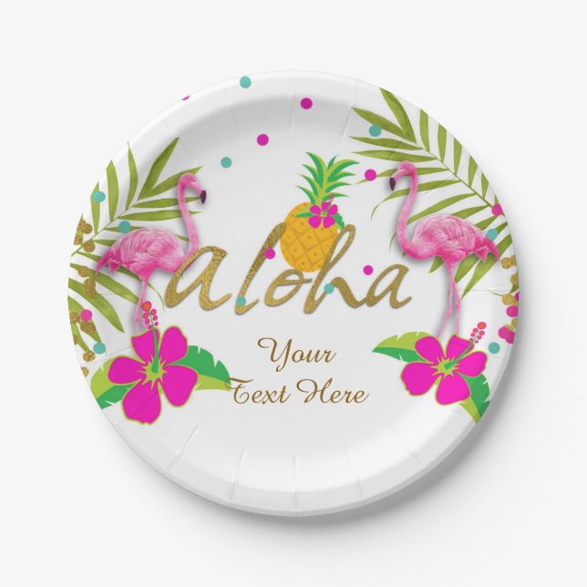 Aloha Luau Girls Tropical Flamingo Birthday Party Paper Plates (Front)