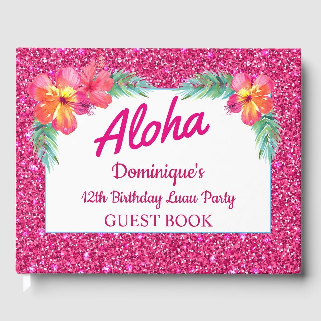 Aloha Luau Hawaiian Tropical Hibiscus Glitter Guest Book (Front)
