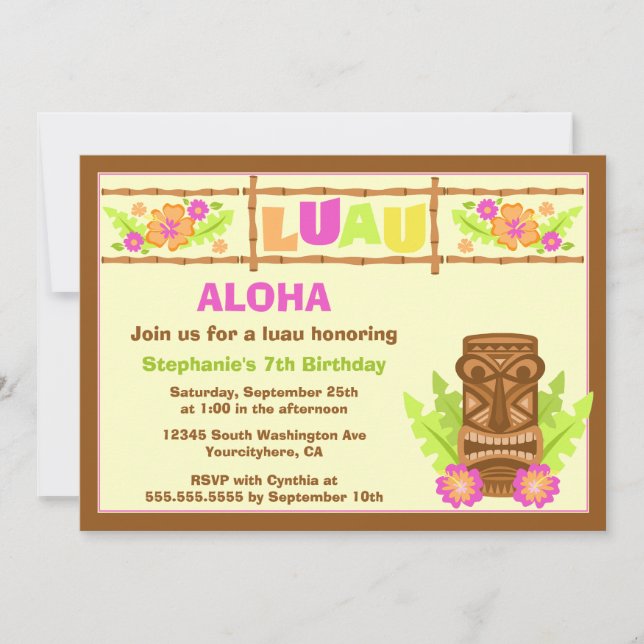Aloha luau hibiscus cute birthday party invitation (Front)