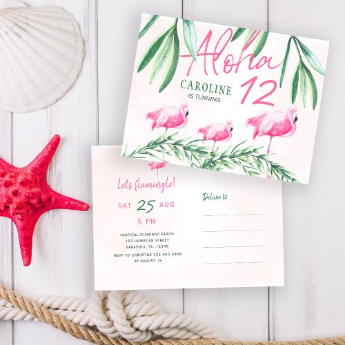 Aloha luau Lets Flamingle tropical birthday party Invitation Postcard