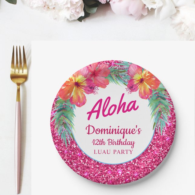 Aloha Luau Party Glitter Tropical Hibiscus Paper Plates (Creator Uploaded)
