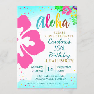 Aloha Luau Party Tropical Hibiscus Birthday Invitation