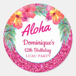 12 Luau Birthday Party Stickers labels favors hula dancers hibiscus tags round