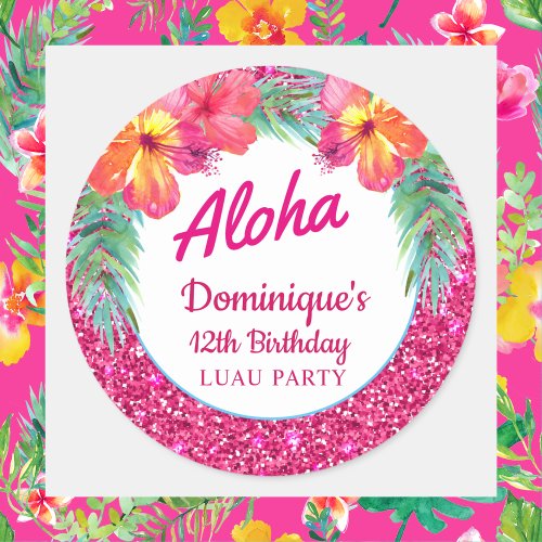 Aloha Luau Pink Glitter Tropical Hibiscus Classic Round Sticker