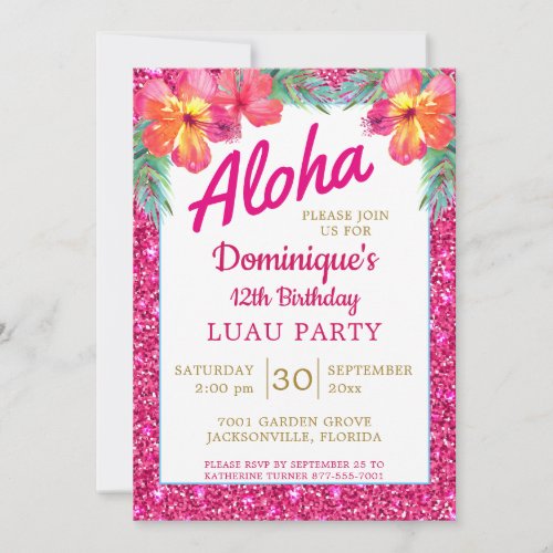 Aloha Luau Pink Glitter Tropical Hibiscus Invitation