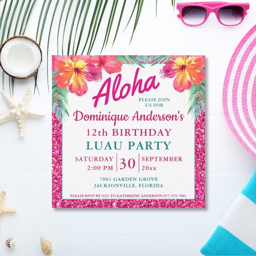 Aloha Luau Pink Glitter Tropical Hibiscus Square