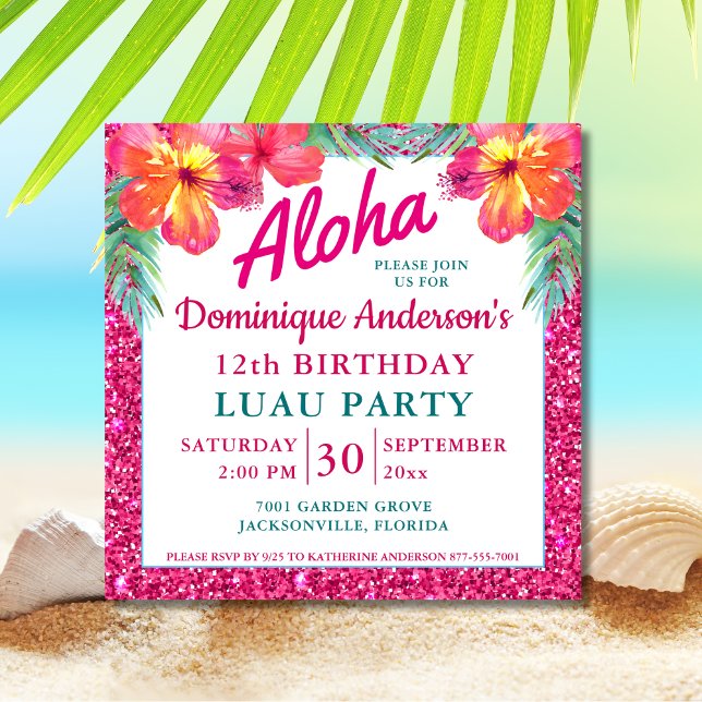 Aloha Luau Pink Glitter Tropical Square Version 2 (Creator Uploaded)