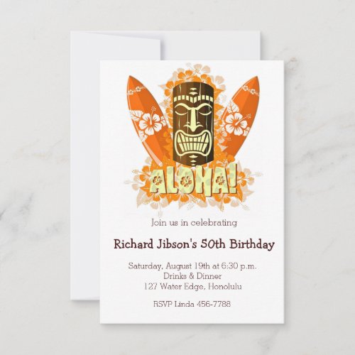 Aloha Luau Tiki Mask Beach Party Invitations