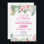 Aloha Luau Tropical 60th Birthday Invitation<br><div class="desc">Adult themed Hawaiian tropical beach floral watercolor graphic luau party. Available as a digital download printable. Custom, personalized, editable download Celebrate a milestone in tropical style with his vibrant aloha Blue owl 60th birthday party invitation. Featuring bull hibiscus florist, lush Palm leaves, in a classic Hawaiian inspire design, this invitation...</div>