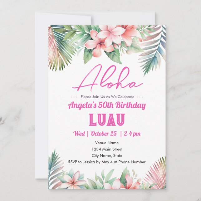 Aloha Luau Tropical Adult 50th Birthday party  Invitation (Front)