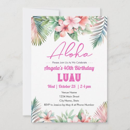 Aloha Luau Tropical Adult Birthday Invitation