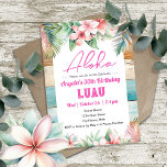 Aloha Luau Tropical Adult Birthday Invitation<br><div class="desc">Adult themed Hawaiian tropical beach floral watercolor graphic luau party. Available as a digital download printable.
Custom,  personalized,  editable download beach wood texture</div>