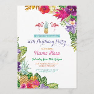 Aloha Luau Tropical Birthday Flamingo Party Invite