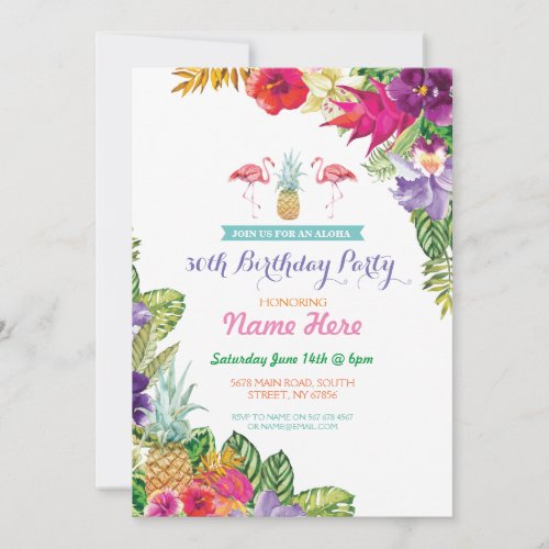 Aloha Luau Tropical Birthday Flamingo Party Invite