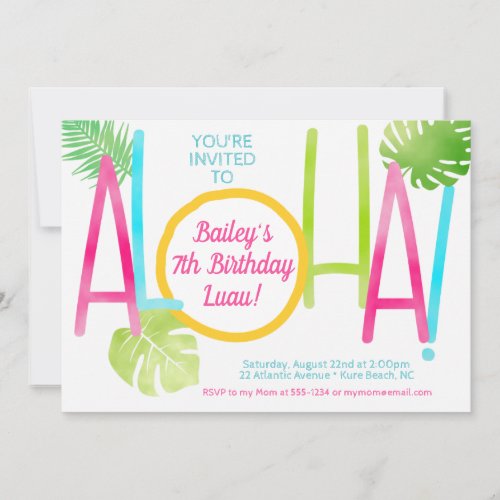 Aloha Luau Tropical Colorful Girly Birthday Invitation