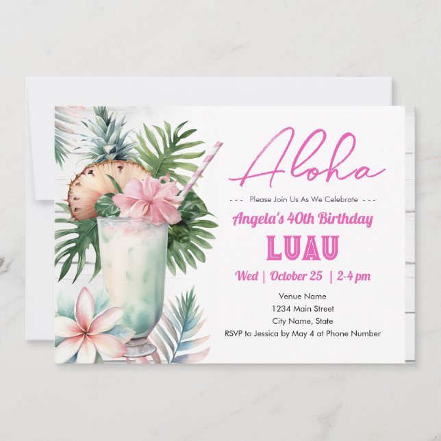 Aloha Luau Tropical Drink Adult Birthday Invitation (Front)