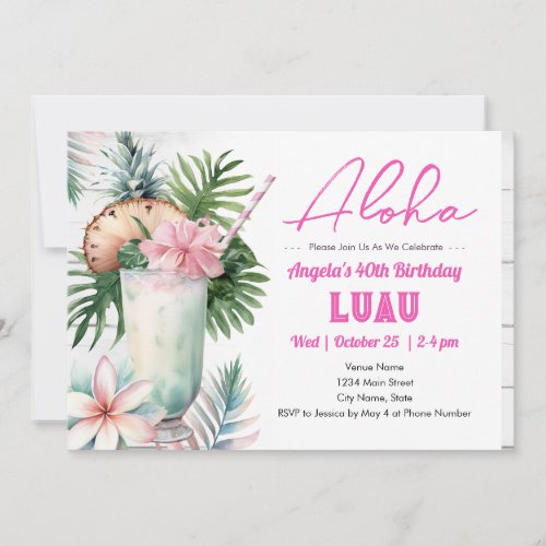 Aloha Luau Tropical Drink Adult Birthday Invitation