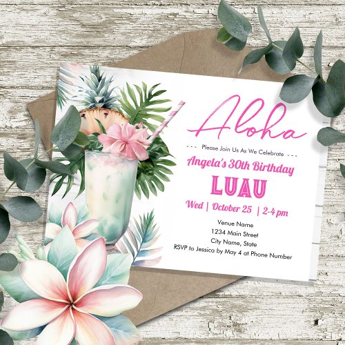 Aloha Luau Tropical Drink Adult Birthday Invitation